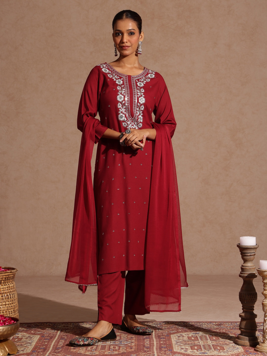 Women's Maroon Rayon Yoke Embroidered Sequinned Straight Kurta Set With Dupatta
