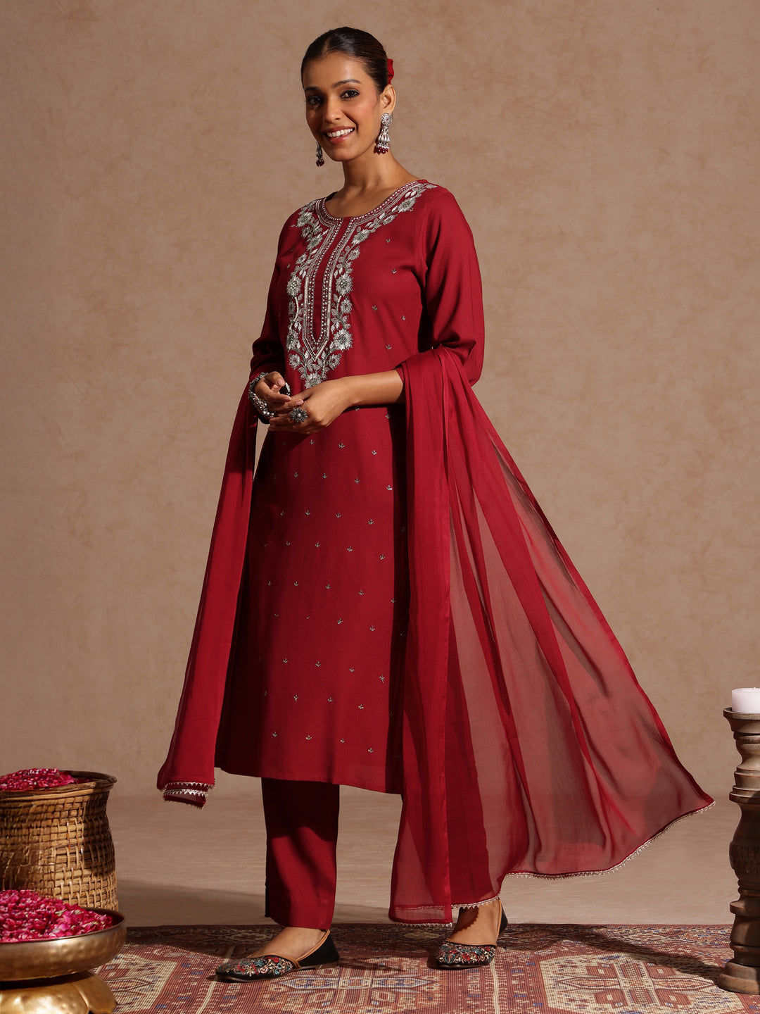 Women's Maroon Rayon Yoke Embroidered Sequinned Straight Kurta Set With Dupatta