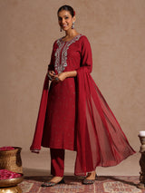 Women's Maroon Rayon Yoke Embroidered Sequinned Straight Kurta Set With Dupatta