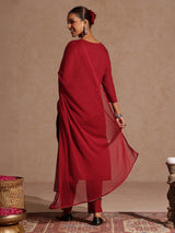 Women's Maroon Rayon Yoke Embroidered Sequinned Straight Kurta Set With Dupatta