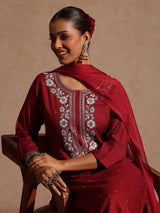 Women's Maroon Rayon Yoke Embroidered Sequinned Straight Kurta Set With Dupatta