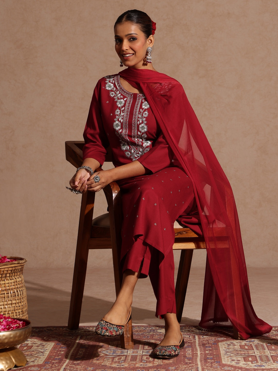 Women's Maroon Rayon Yoke Embroidered Sequinned Straight Kurta Set With Dupatta