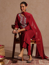 Women's Maroon Rayon Yoke Embroidered Sequinned Straight Kurta Set With Dupatta