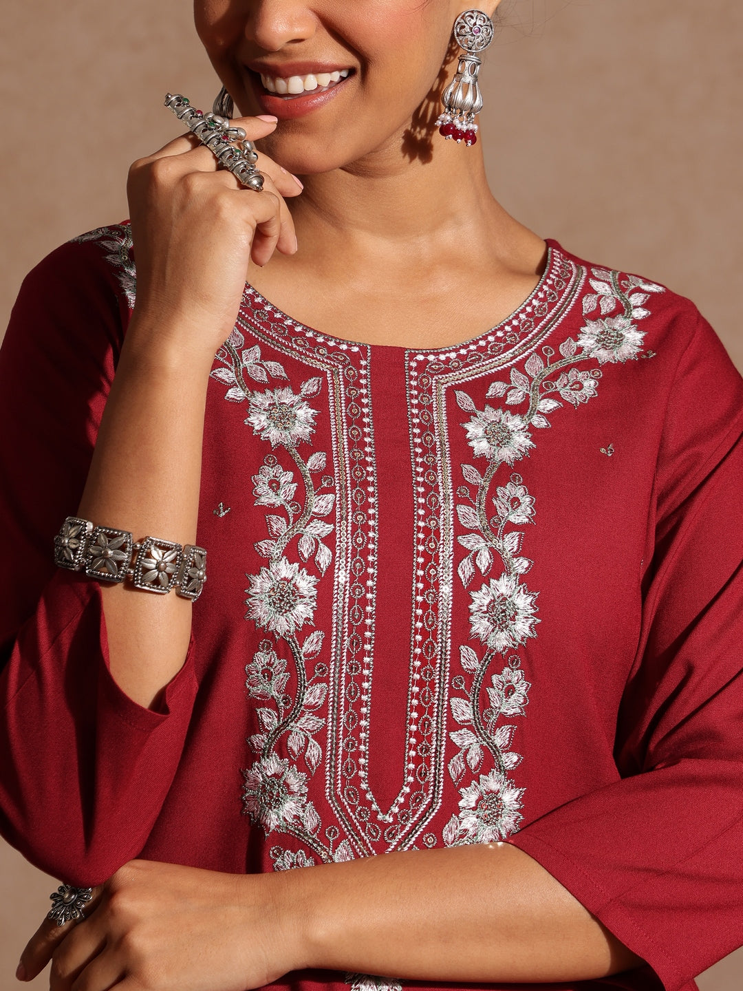 Women's Maroon Rayon Yoke Embroidered Sequinned Straight Kurta Set With Dupatta