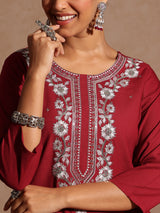 Women's Maroon Rayon Yoke Embroidered Sequinned Straight Kurta Set With Dupatta