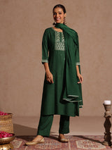Women's Green Rayon Yoke Embroidered Sequinned Straight Kurta Set With Dupatta