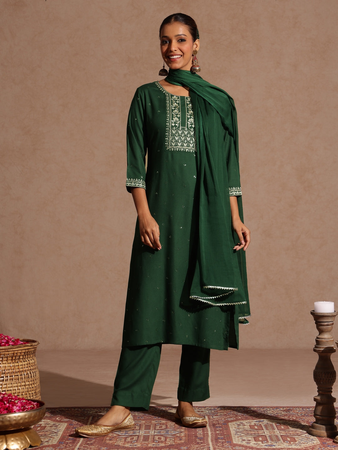 Women's Green Rayon Yoke Embroidered Sequinned Straight Kurta Set With Dupatta