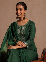 Women's Green Rayon Yoke Embroidered Sequinned Straight Kurta Set With Dupatta