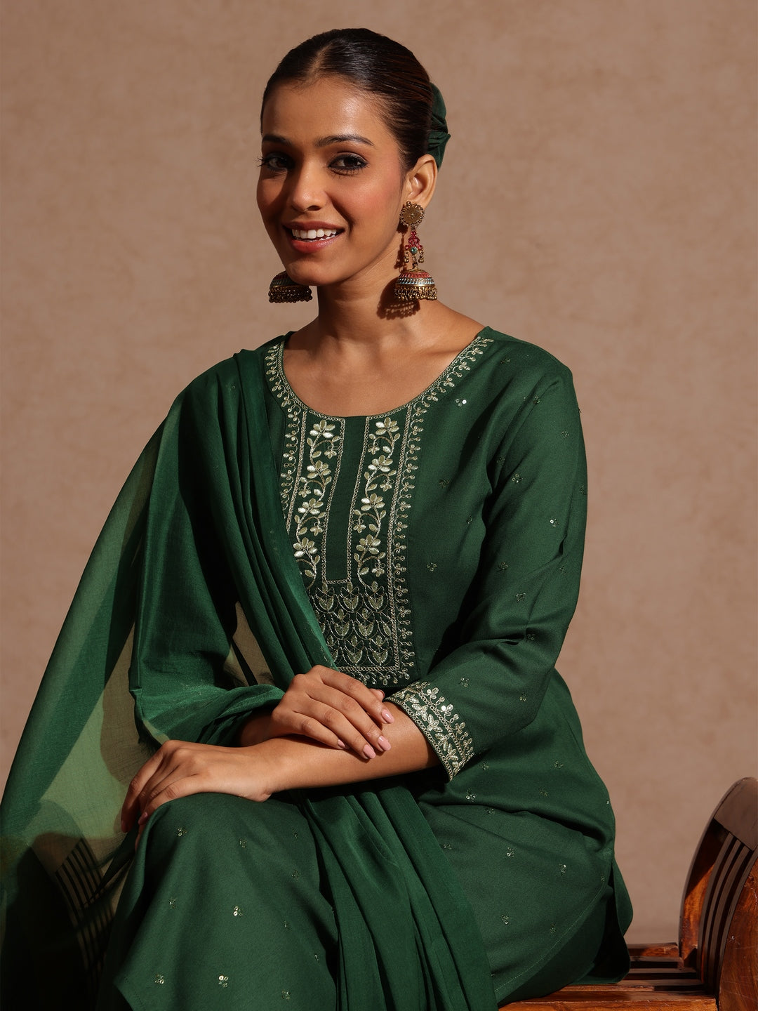 Women's Green Rayon Yoke Embroidered Sequinned Straight Kurta Set With Dupatta