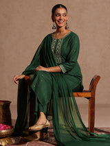 Women's Green Rayon Yoke Embroidered Sequinned Straight Kurta Set With Dupatta