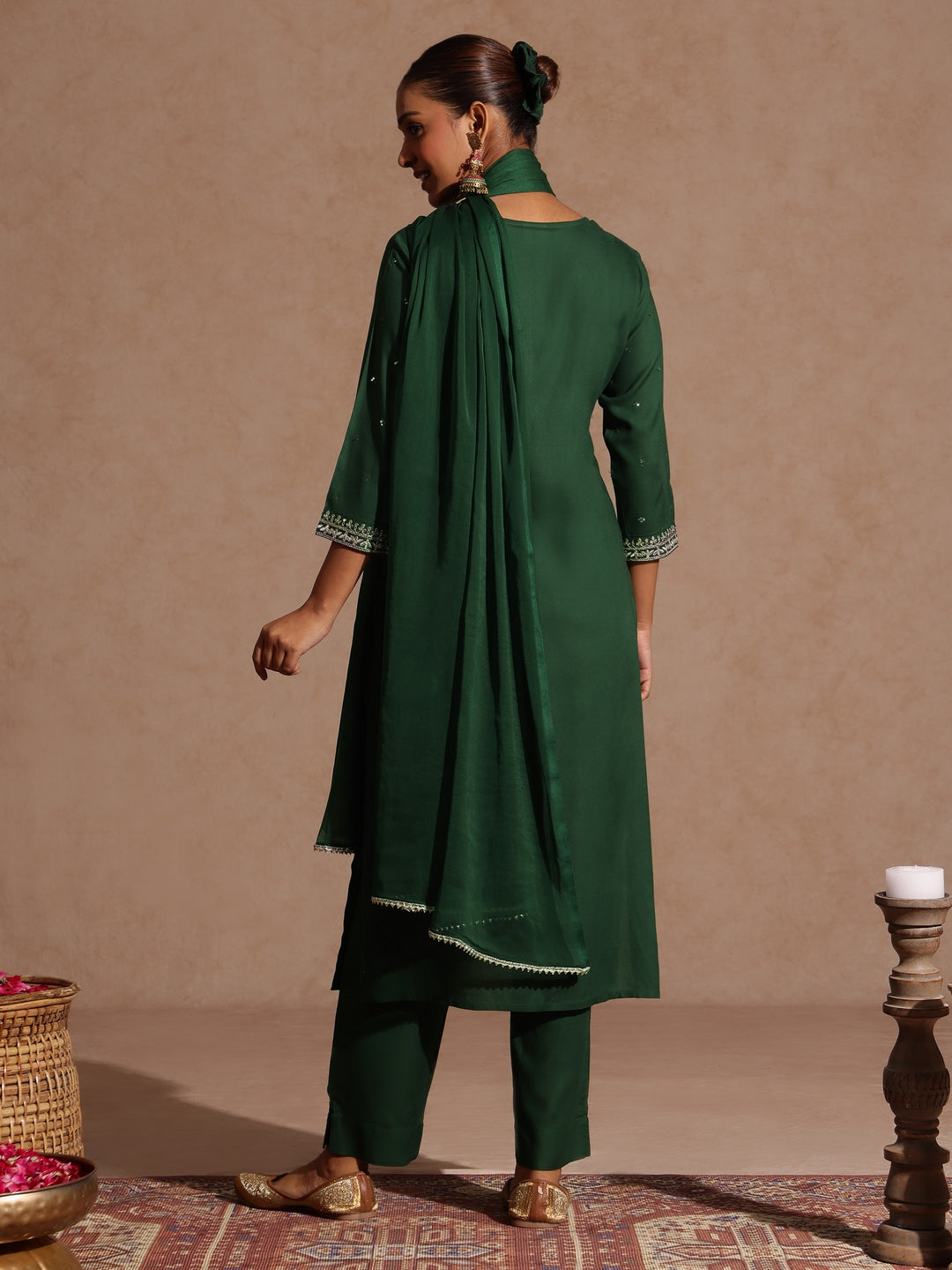 Women's Green Rayon Yoke Embroidered Sequinned Straight Kurta Set With Dupatta