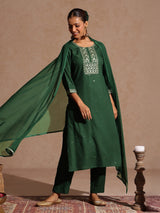 Women's Green Rayon Yoke Embroidered Sequinned Straight Kurta Set With Dupatta