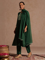 Women's Green Rayon Yoke Embroidered Sequinned Straight Kurta Set With Dupatta