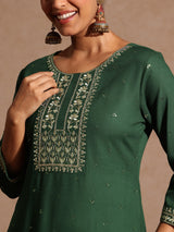 Women's Green Rayon Yoke Embroidered Sequinned Straight Kurta Set With Dupatta
