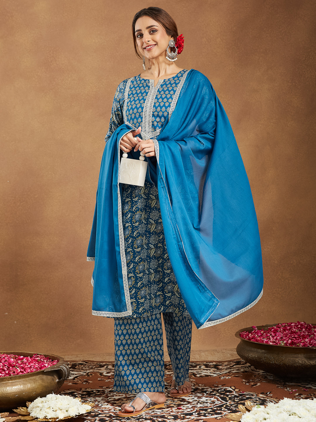 Women's Teal Blue Pure Cotton Yoke Design Floral Printed Straight Kurta Set