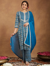 Women's Teal Blue Pure Cotton Yoke Design Floral Printed Straight Kurta Set