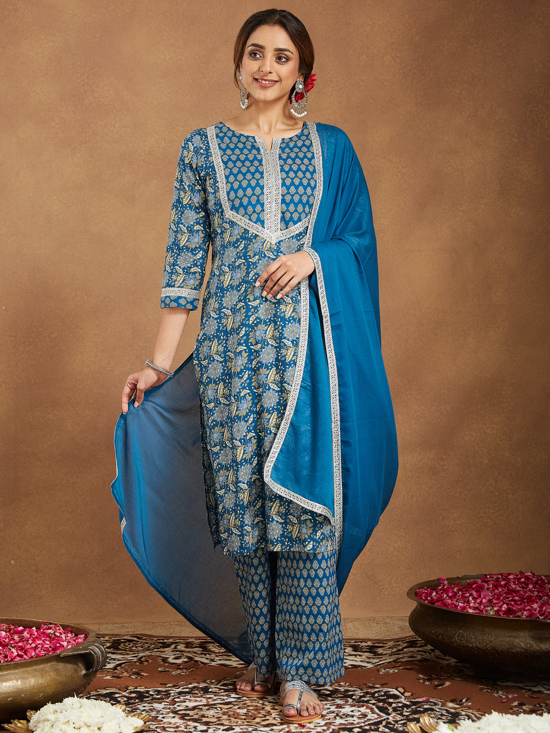 Women's Teal Blue Pure Cotton Yoke Design Floral Printed Straight Kurta Set