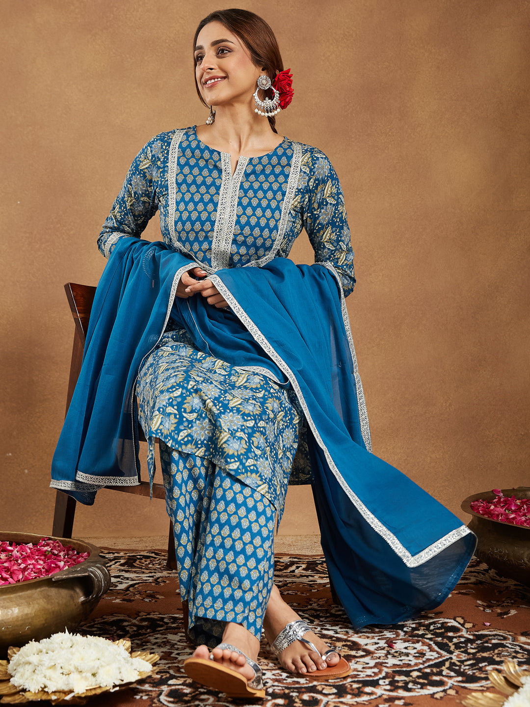 Women's Teal Blue Pure Cotton Yoke Design Floral Printed Straight Kurta Set