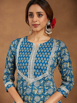 Women's Teal Blue Pure Cotton Yoke Design Floral Printed Straight Kurta Set