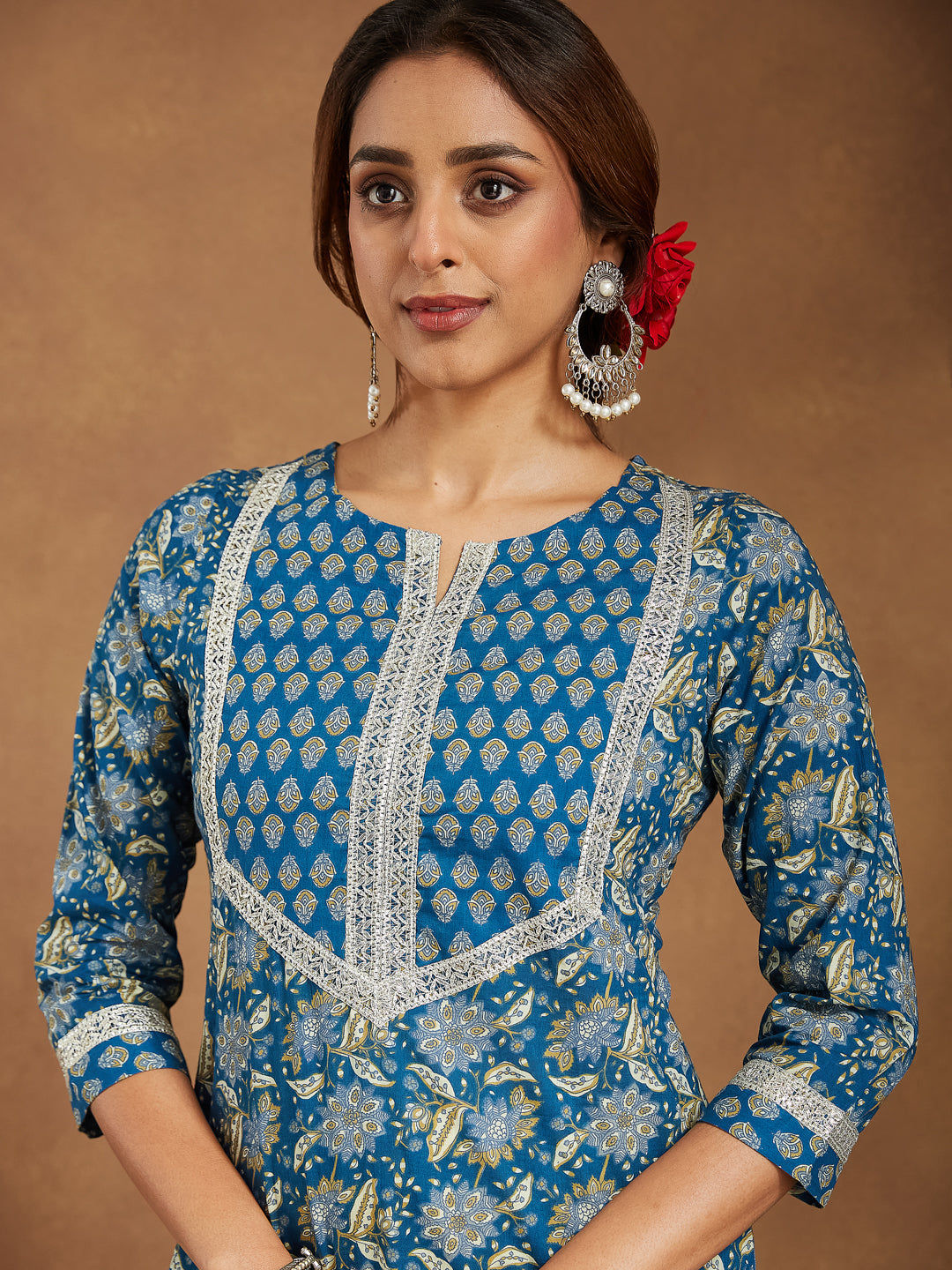 Women's Teal Blue Pure Cotton Yoke Design Floral Printed Straight Kurta Set