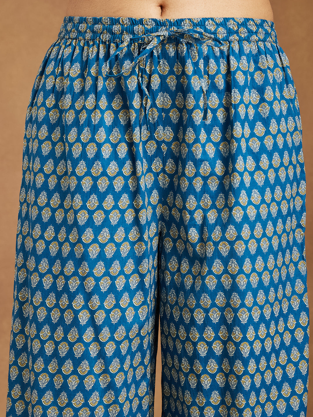 Women's Teal Blue Pure Cotton Yoke Design Floral Printed Straight Kurta Set