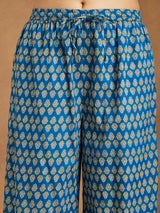 Women's Teal Blue Pure Cotton Yoke Design Floral Printed Straight Kurta Set