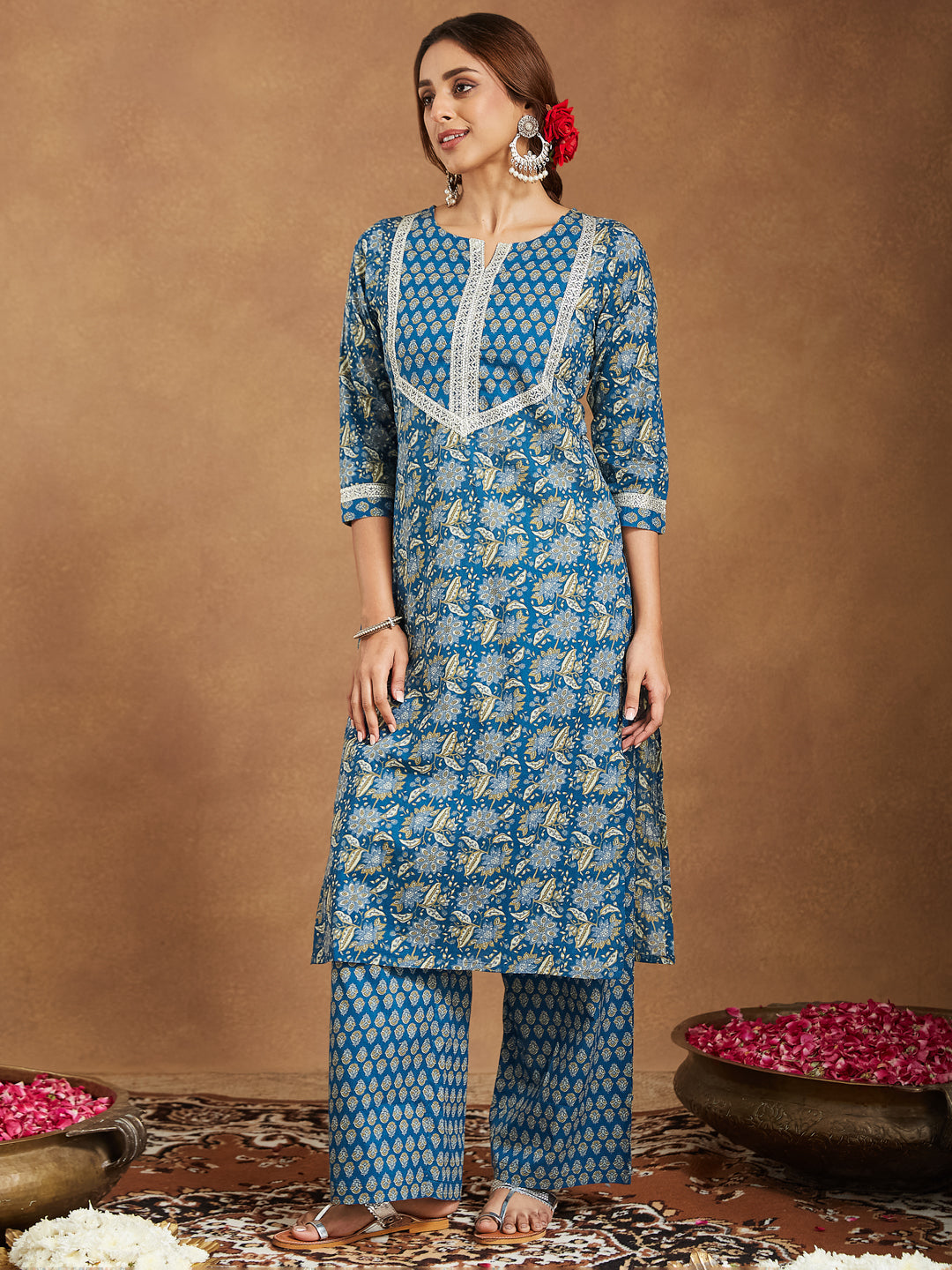 Women's Teal Blue Pure Cotton Yoke Design Floral Printed Straight Kurta Set