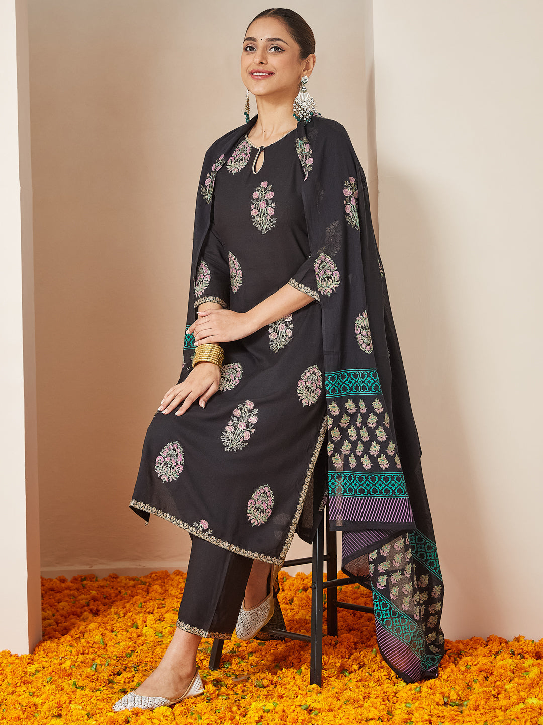 Women's Black Rayon Floral Gold Printed Straight Kurta Set