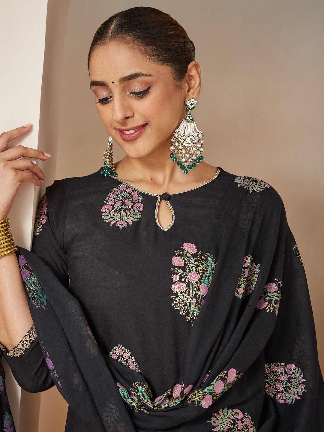 Women's Black Rayon Floral Gold Printed Straight Kurta Set