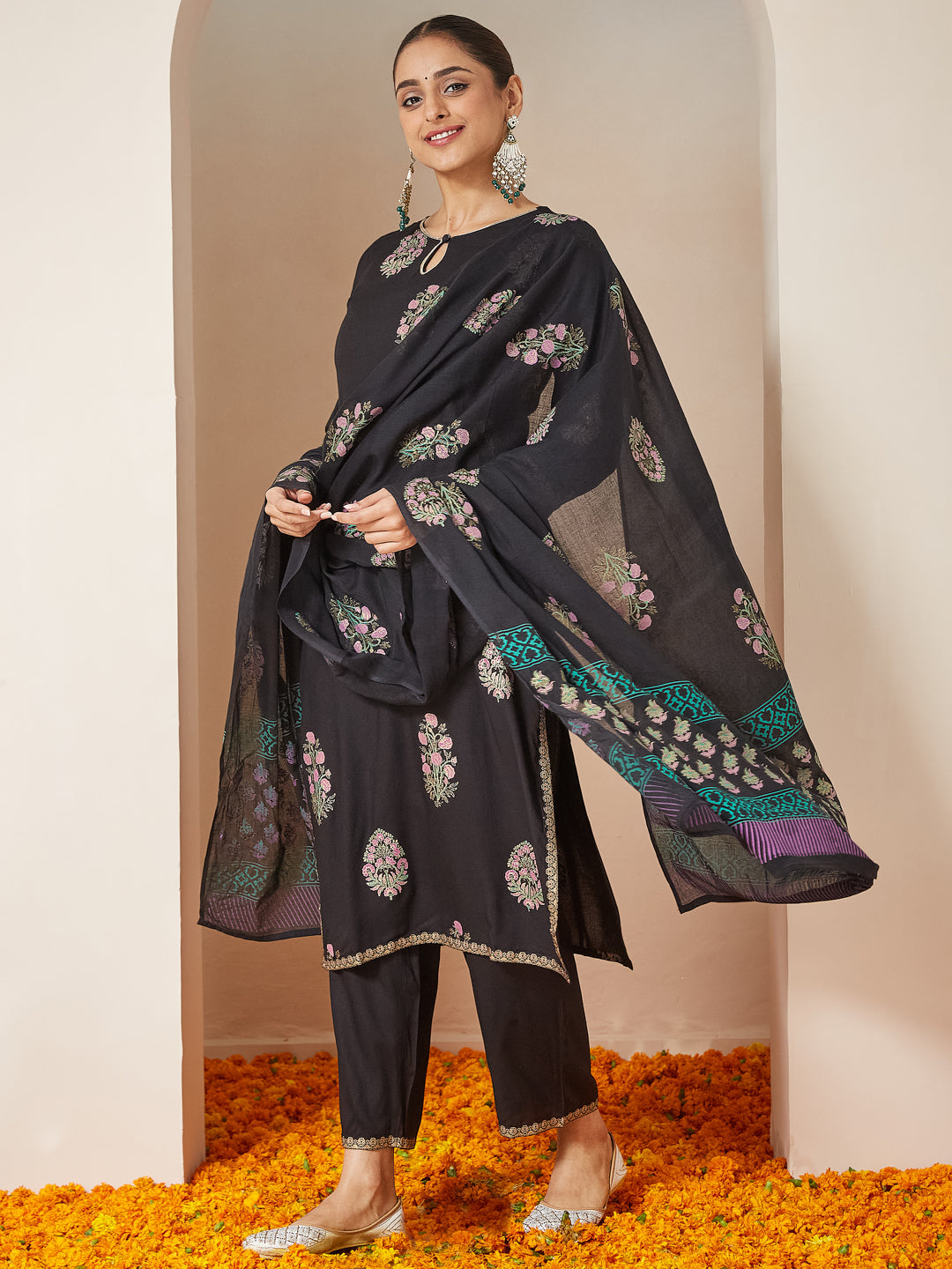 Women's Black Rayon Floral Gold Printed Straight Kurta Set