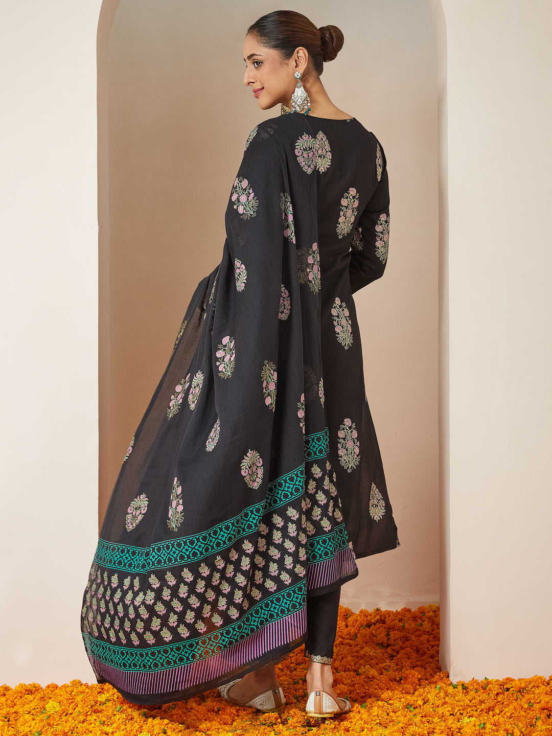 Women's Black Rayon Floral Gold Printed Straight Kurta Set