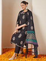 Women's Black Rayon Floral Gold Printed Straight Kurta Set