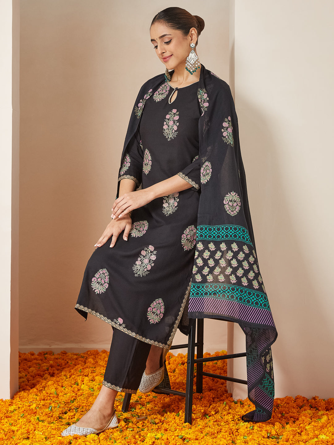 Women's Black Rayon Floral Gold Printed Straight Kurta Set