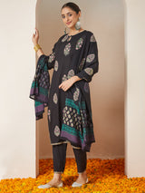 Women's Black Rayon Floral Gold Printed Straight Kurta Set