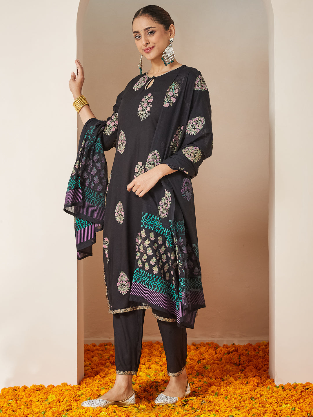 Women's Black Rayon Floral Gold Printed Straight Kurta Set