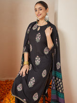Women's Black Rayon Floral Gold Printed Straight Kurta Set