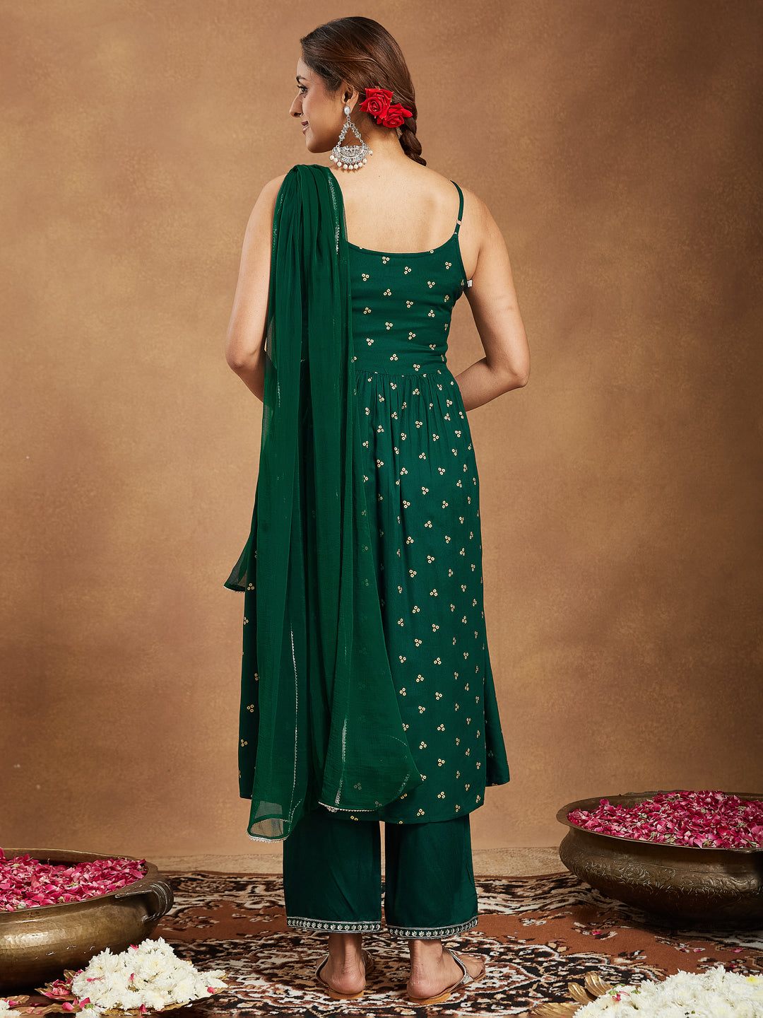 Women's Dark Green Rayon Yoke Embroidered Gold Printed A-line Kurta Set