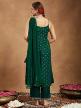 Women's Dark Green Rayon Yoke Embroidered Gold Printed A-line Kurta Set