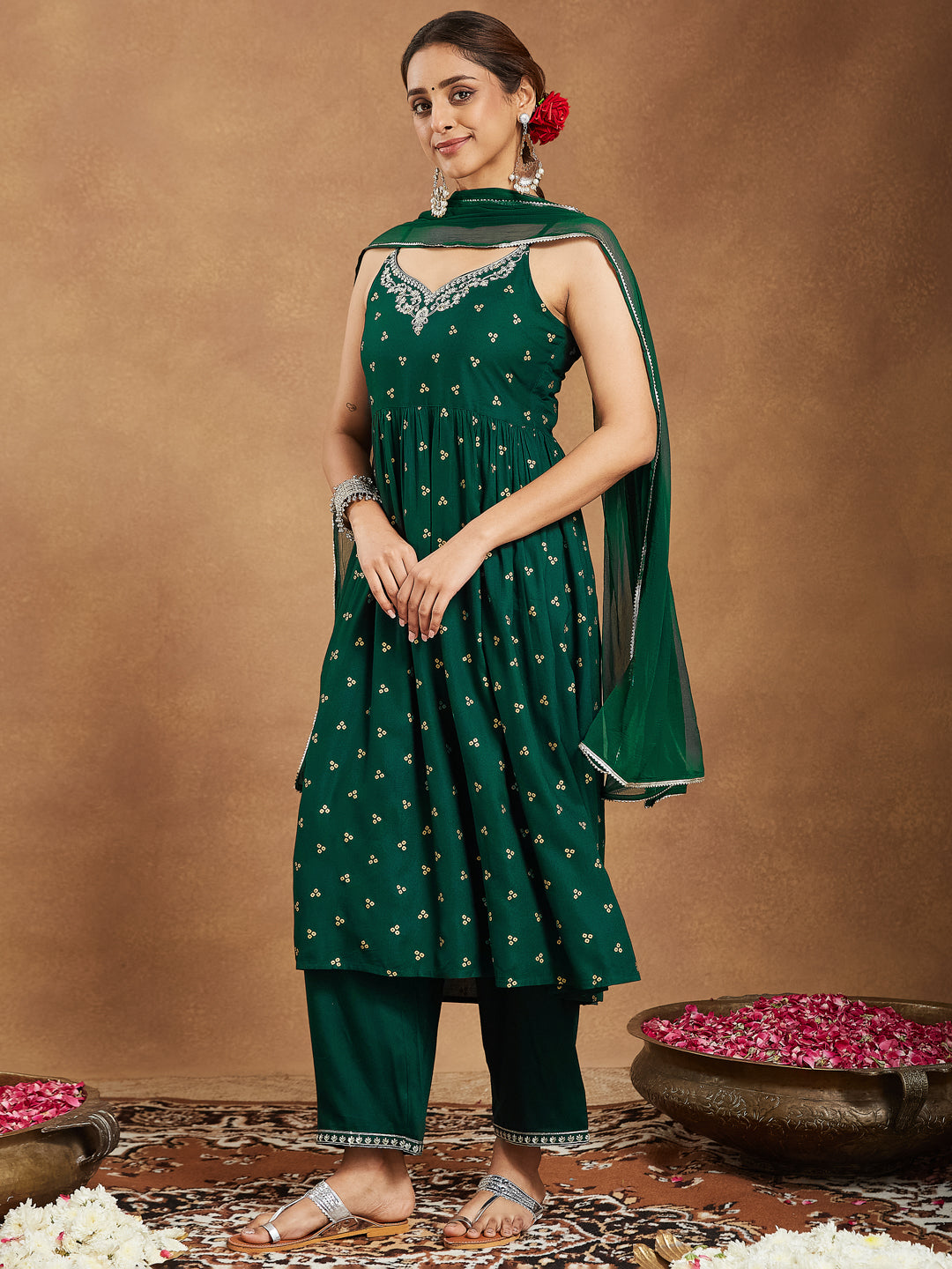 Women's Dark Green Rayon Yoke Embroidered Gold Printed A-line Kurta Set