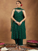 Women's Dark Green Rayon Yoke Embroidered Gold Printed A-line Kurta Set