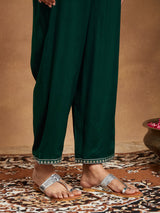 Women's Dark Green Rayon Yoke Embroidered Gold Printed A-line Kurta Set