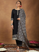 Women's Black Rayon Ajrakh Printed Straight Kurta Set