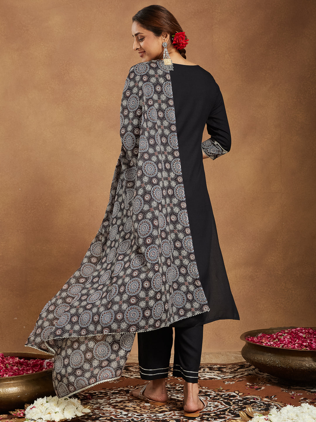 Women's Black Rayon Ajrakh Printed Straight Kurta Set