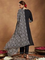 Women's Black Rayon Ajrakh Printed Straight Kurta Set