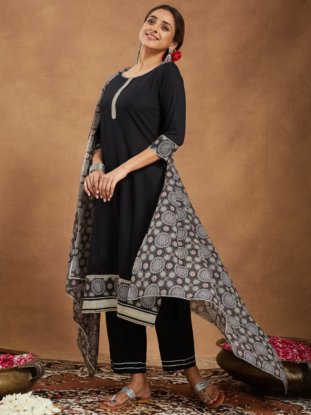 Women's Black Rayon Ajrakh Printed Straight Kurta Set