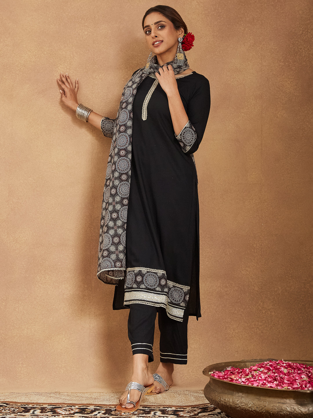 Women's Black Rayon Ajrakh Printed Straight Kurta Set