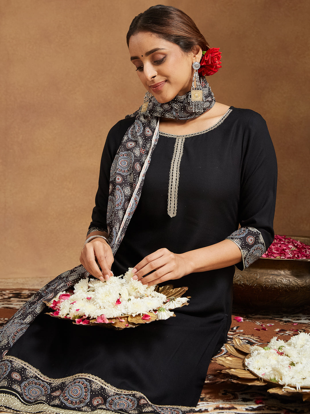 Women's Black Rayon Ajrakh Printed Straight Kurta Set