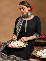 Women's Black Rayon Ajrakh Printed Straight Kurta Set