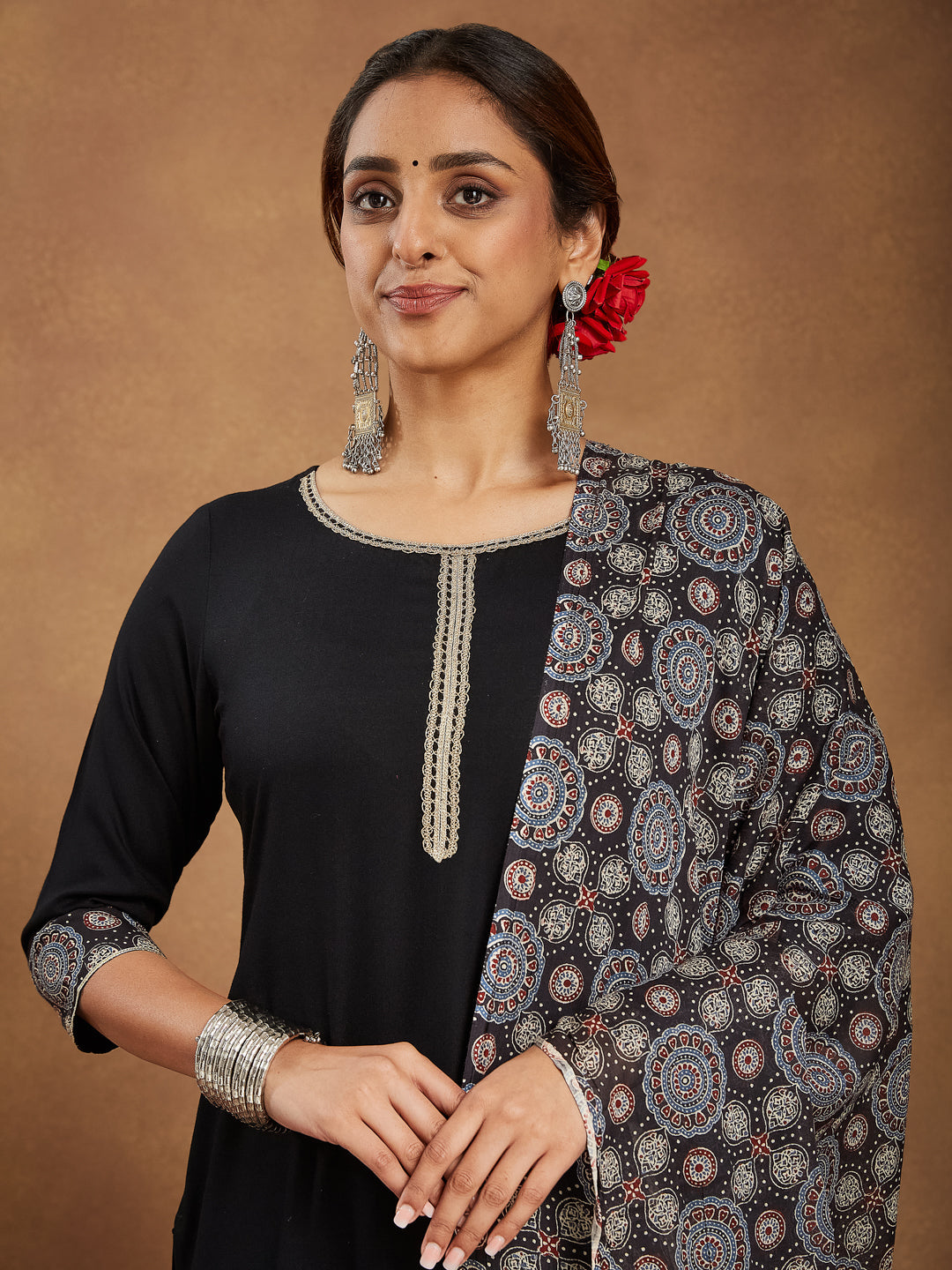 Women's Black Rayon Ajrakh Printed Straight Kurta Set