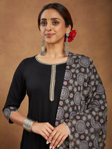 Women's Black Rayon Ajrakh Printed Straight Kurta Set